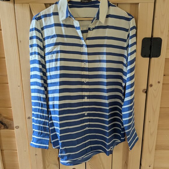 J. McLaughlin Button Up Bianca Blouse 100% Silk Long Sleeve Blue Striped Small - Picture 1 of 7